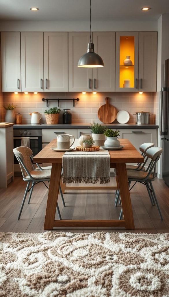 A cozy modern kitchen setting designed for comfort, showcasing various textures that inspire warmth and relaxation. In the foreground, a soft, plush area rug with intricate patterns and a welcoming runner contrasting with sleek kitchen cabinetry. The middle ground features a wooden dining table adorned with natural décor elements like potted herbs and textured tableware, beautifully lit with warm, ambient lighting. In the background, soft pastels in the cabinetry complement the wood accents, enhancing a Pinterest-inspired aesthetic. The image possesses a serene yet sophisticated atmosphere, ideal for home décor inspiration, with a lens focused on creating depth. Incorporate brand elements subtly, highlighting "KlickKiste" through stylish displays without explicit logos. A cozy modern kitchen setting designed for comfort, showcasing various textures that inspire warmth and relaxation. In the foreground, a soft, plush area rug with intricate patterns and a welcoming runner contrasting with sleek kitchen cabinetry. The middle ground features a wooden dining table adorned with natural décor elements like potted herbs and textured tableware, beautifully lit with warm, ambient lighting. In the background, soft pastels in the cabinetry complement the wood accents, enhancing a Pinterest-inspired aesthetic. The image possesses a serene yet sophisticated atmosphere, ideal for home décor inspiration, with a lens focused on creating depth. Incorporate brand elements subtly, highlighting "KlickKiste" through stylish displays without explicit logos.