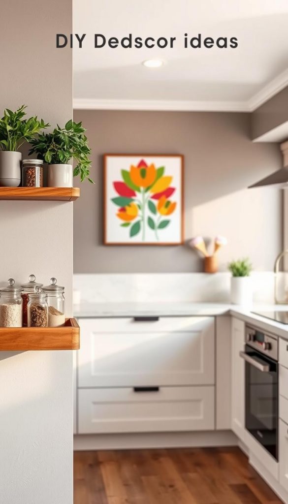A cozy, modern kitchen with beautifully designed walls showcasing DIY decor ideas. In the foreground, a wooden shelf holds neatly arranged spices in glass jars and a few potted herbs, while a vibrant wall art piece adds personality above it. The middle ground features sleek white cabinetry and a minimalist countertop with a subtle marble effect, radiating warmth through soft, ambient lighting. In the background, a window lets in natural light, enhancing the inviting atmosphere. The color palette consists of warm neutrals and pops of greenery, embodying a Pinterest-inspired aesthetic. Ensure the image evokes a sense of inspiration and creativity fitting for "KlickKiste." A cozy, modern kitchen with beautifully designed walls showcasing DIY decor ideas. In the foreground, a wooden shelf holds neatly arranged spices in glass jars and a few potted herbs, while a vibrant wall art piece adds personality above it. The middle ground features sleek white cabinetry and a minimalist countertop with a subtle marble effect, radiating warmth through soft, ambient lighting. In the background, a window lets in natural light, enhancing the inviting atmosphere. The color palette consists of warm neutrals and pops of greenery, embodying a Pinterest-inspired aesthetic. Ensure the image evokes a sense of inspiration and creativity fitting for "KlickKiste."