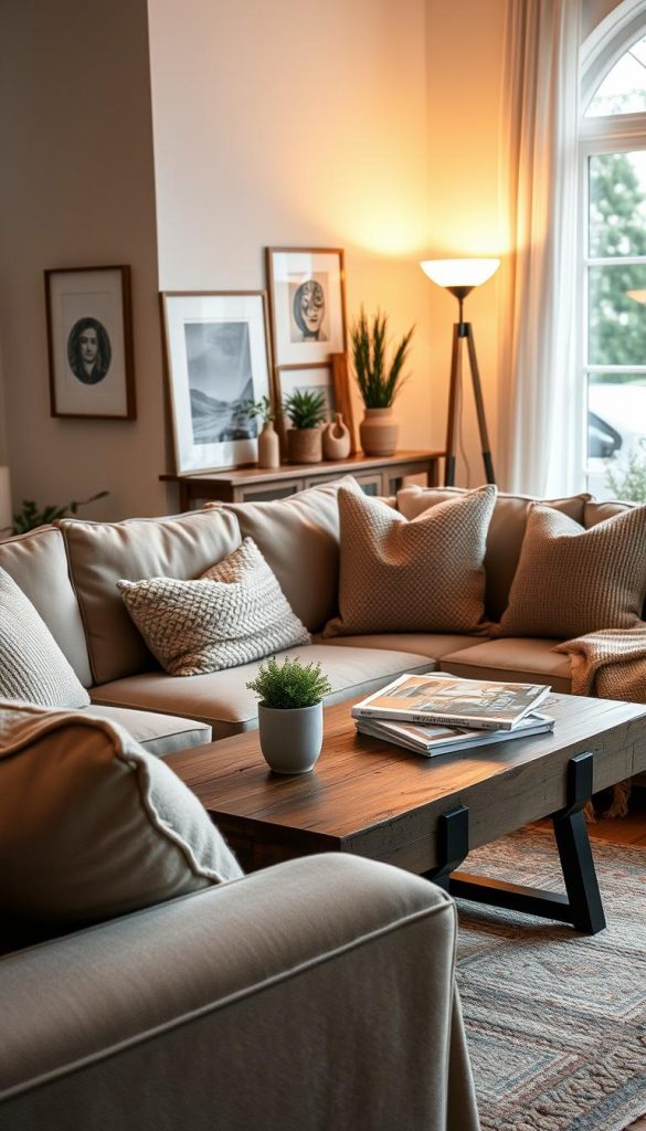A cozy modern living room (Wohnzimmer) designed with a warm, inviting atmosphere, featuring stylish furniture from KlickKiste. The foreground showcases a plush sofa adorned with textured throw pillows and a handwoven blanket. In the middle, a rustic coffee table holds a stack of lifestyle magazines and a small potted plant, while an elegant floor lamp casts a soft glow. The background reveals a feature wall decorated with framed art and a large window allowing natural light to stream in, enhancing the warm color palette. The scene is captured from a slightly elevated angle, emphasizing the room&rsquo;s inviting layout. The mood is relaxed and inspiring, perfect for showcasing contemporary home accessories, with a natural DIY aesthetic reminiscent of Pinterest.