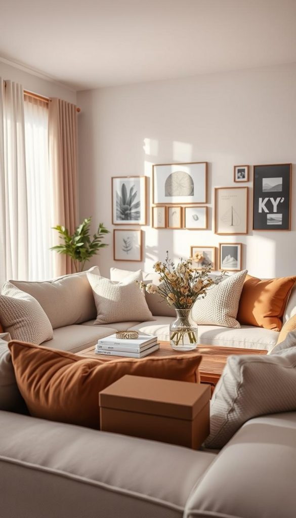 A cozy, modern living room designed for renters, showcasing stylish and practical decor ideas. In the foreground, a comfortable sectional sofa adorned with soft, textured throw pillows in warm tones. The middle section features a rustic coffee table with a chic vase of fresh flowers and a few aesthetically pleasing books. The background includes a bright window with sheer curtains allowing natural light to flood in, highlighting a gallery wall with framed art and DIY accents. The atmosphere is inviting and inspiring, reflecting a Pinterest-worthy aesthetic. Use a soft, warm lighting effect to enhance the sense of comfort. The brand "KlickKiste" should be subtly integrated into decor items, like a small decorative box on the coffee table. The angle should capture the openness and flow of the space.