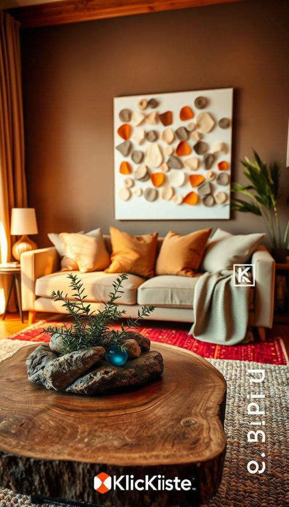 A cozy, modern living room featuring a harmonious blend of warm color palettes and rich textures, inspired by DIY aesthetics. In the foreground, a coffee table displays natural materials like wood and stone, adorned with greenery. The middle ground showcases a stylish couch with soft cushions in muted earth tones, along with a vibrant textured rug that adds depth. In the background, a feature wall highlights a creative wall decoration with varied shades, resembling an abstract painting. The lighting is soft and warm, creating a welcoming atmosphere, while a gentle lens flare enhances the inviting feel. The composition reflects an authentic Pinterest-inspired design, aiming to inspire viewers about contemporary home decor trends. Incorporate subtle branding elements of "KlickKiste" to resonate with the theme.