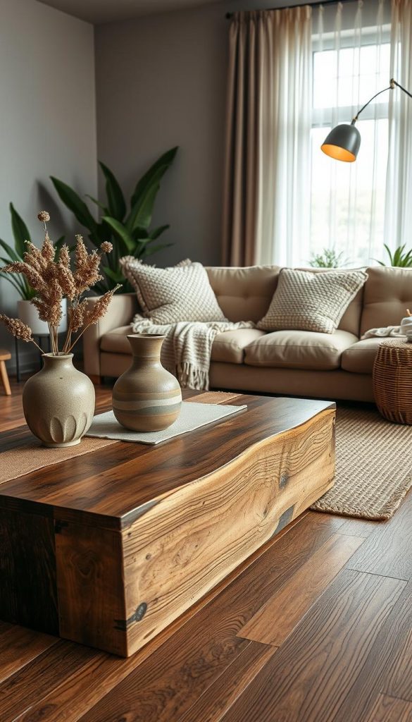 A cozy modern living room showcasing a blend of natural materials and textures. In the foreground, a stylish coffee table made of reclaimed wood adorned with decor items like a ceramic vase filled with dried flowers and a soft linen table runner. The middle features a plush beige sofa with textured cushions, positioned on a woven rug that adds warmth to the space. The background includes a large window with sheer curtains allowing soft, natural light to flood the room, highlighting the rich grains of the wooden floor. Incorporate elements like greenery in decorative pots and a contemporary floor lamp with a warm glow, creating a welcoming atmosphere. The overall mood is inspiring and authentic, embodying a Pinterest-worthy aesthetic by KlikKiste.