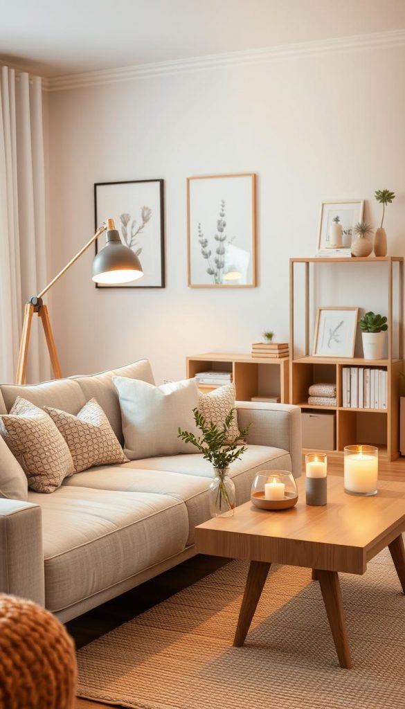 A cozy, modern living room (wohnzimmer) with warm, inviting colors, designed to showcase natural DIY decor that embodies a Pinterest-inspired aesthetic. In the foreground, a plush, light gray couch adorned with soft, patterned cushions sits beside a stylish wooden coffee table featuring a small potted plant and flickering candles. The middle ground includes an elegant floor lamp casting a soft glow, highlighting a textured area rug in neutral tones. In the background, tasteful wall art featuring nature-inspired prints hangs above a minimalist bookshelf filled with curated decor from the brand KlickKiste. The ambient lighting is warm and soothing, creating a tranquil atmosphere perfect for relaxation. Capture the scene from a slightly elevated angle to show depth and warmth.