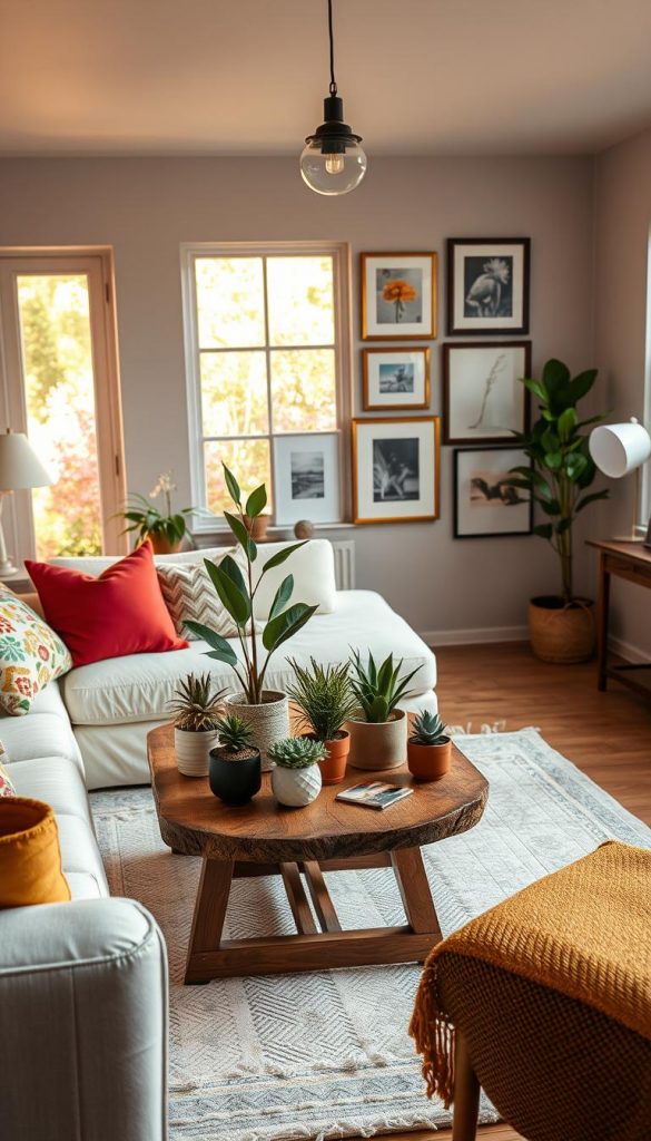A cozy, modern living space designed in an eclectic style featuring a mix of materials and textures. In the foreground, a plush, cream-colored sofa with colorful throw pillows invites comfort. The middle ground showcases a wooden coffee table adorned with potted plants and artisan decor from KlickKiste. Warm lighting bathes the room, creating a soft, inviting atmosphere. A gallery wall of framed art adds depth, while a delicate patterned rug anchors the space. In the background, large windows let in natural light, revealing a hint of a blooming spring garden. The overall mood is relaxed yet stylish, embodying the essence of spring colors in home decor.