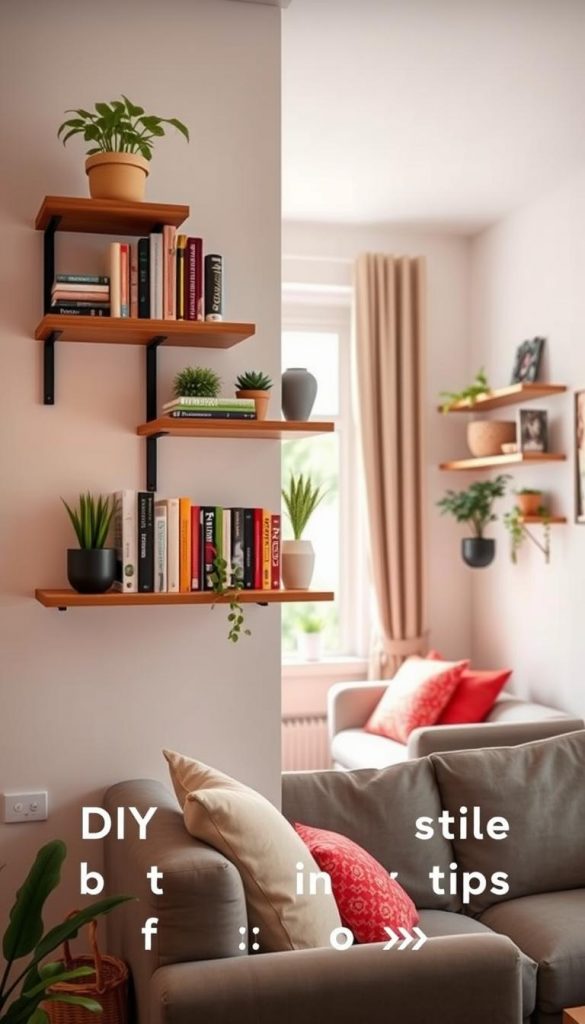 A cozy, modern living space featuring stylish wall shelves in a small apartment setting, designed with warm, inviting colors. In the foreground, a wooden wall shelf from KlickKiste displays an attractive arrangement of books, plants, and decorative items. The middle ground shows a well-lit room with soft natural light streaming through a window, enhancing the ambiance. A small, comfortable seating area, complemented by vibrant cushions, is visible. The background showcases the subtle use of light colors on the walls to create a sense of spaciousness. The overall mood is authentic and inspiring, reflecting a harmonious blend of DIY aesthetics and budget-friendly design tips for renters.