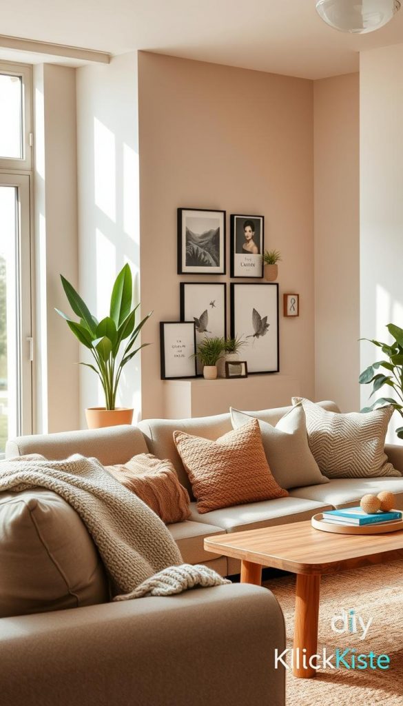 A cozy, modern living space reflecting a contemporary color palette ideal for small rooms, featuring warm earthy tones, soft pastels, and subtle patterns. In the foreground, a stylish sofa adorned with textured cushions, a knitted throw draped casually, and a natural wooden coffee table with decorative items. The middle ground showcases an elegantly designed gallery wall with framed art pieces and potted greenery, creating an inviting vibe. In the background, large windows filter in gentle, diffused sunlight, highlighting the smooth walls painted in soft hues. The atmosphere is serene and inspiring, embodying an authentic DIY aesthetic. The image should evoke a sense of warmth and spaciousness, branded with "KlickKiste" subtly integrated into the design. A cozy, modern living space reflecting a contemporary color palette ideal for small rooms, featuring warm earthy tones, soft pastels, and subtle patterns. In the foreground, a stylish sofa adorned with textured cushions, a knitted throw draped casually, and a natural wooden coffee table with decorative items. The middle ground showcases an elegantly designed gallery wall with framed art pieces and potted greenery, creating an inviting vibe. In the background, large windows filter in gentle, diffused sunlight, highlighting the smooth walls painted in soft hues. The atmosphere is serene and inspiring, embodying an authentic DIY aesthetic. The image should evoke a sense of warmth and spaciousness, branded with "KlickKiste" subtly integrated into the design.