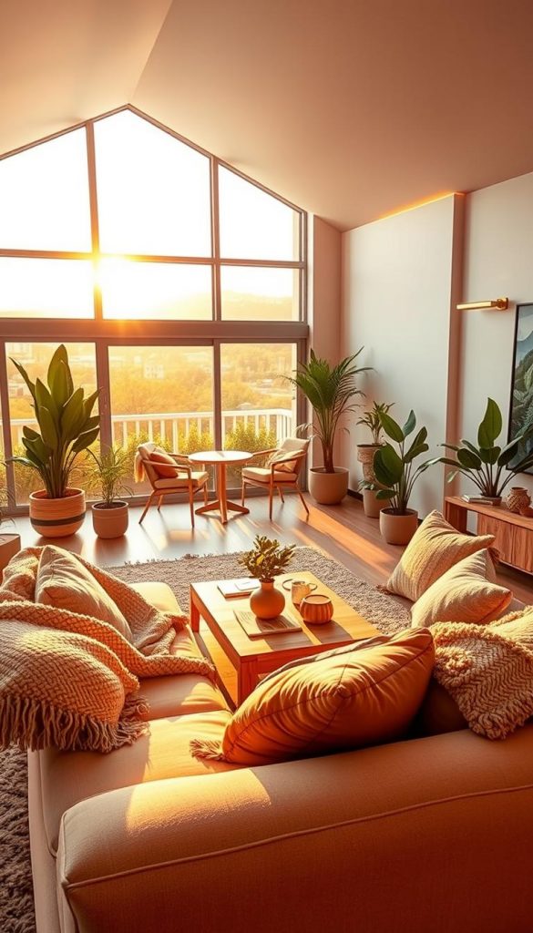 A cozy, modern living space seamlessly transitioning to an inviting balcony, demonstrating the essence of contemporary interior trends. In the foreground, a plush, oversized sofa adorned with soft, textured throws and colorful cushions sits invitingly. The middle ground features a stylish coffee table with natural wooden accents, framed by vibrant indoor plants. The background showcases large windows bathed in warm, golden sunlight, illuminating spaces with natural warmth. The overall atmosphere should feel authentic and inspiring, reminiscent of a Pinterest aesthetic, with warm color tones and a touch of natural DIY elements. Add subtle details like a decorative rug and soft lighting fixtures, capturing the inviting essence of "KlickKiste" design philosophy. The image is shot in a wide angle, emphasizing a harmonious blend between indoor comfort and outdoor tranquility.