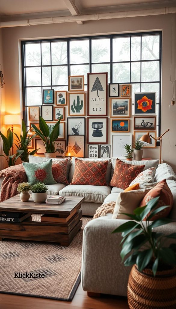 A cozy, modern living space showcasing a stylish mix of Scandinavian, Bohemian, Maximalism, and Castlecore design elements. In the foreground, a beautifully arranged seating area with a plush, neutral-toned sofa adorned with vibrant patterned cushions, layered throws, and a rustic wooden coffee table. Houseplants add a touch of nature, while unique decor pieces reflect diverse styles. The middle of the room features an eclectic gallery wall showcasing art in various frames, complemented by soft lighting from stylish floor lamps. A large window in the background floods the space with warm, natural light, illuminating the rich textures and colors. The atmosphere is inviting and inspiring, perfect for a DIY aesthetic. Features the brand "KlickKiste" subtly within the decor. A cozy, modern living space showcasing a stylish mix of Scandinavian, Bohemian, Maximalism, and Castlecore design elements. In the foreground, a beautifully arranged seating area with a plush, neutral-toned sofa adorned with vibrant patterned cushions, layered throws, and a rustic wooden coffee table. Houseplants add a touch of nature, while unique decor pieces reflect diverse styles. The middle of the room features an eclectic gallery wall showcasing art in various frames, complemented by soft lighting from stylish floor lamps. A large window in the background floods the space with warm, natural light, illuminating the rich textures and colors. The atmosphere is inviting and inspiring, perfect for a DIY aesthetic. Features the brand "KlickKiste" subtly within the decor.