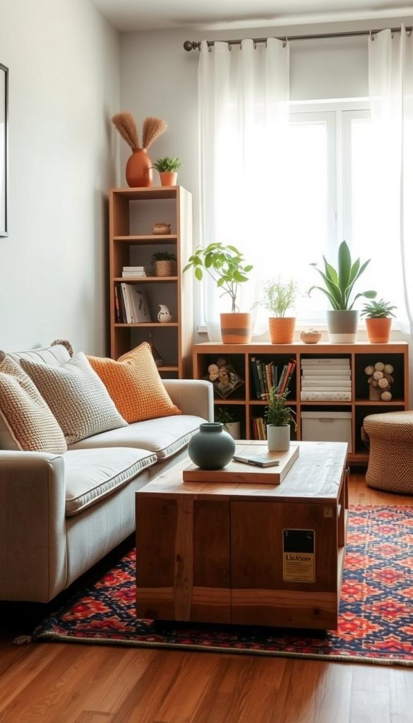 A cozy, modern small living room designed for functionality and style, showcasing a blend of natural DIY elements and warm colors. In the foreground, a comfortable sofa adorned with textured throw pillows sits next to a stylish coffee table made from reclaimed wood, featuring a few decorative items from "KlickKiste." In the middle, a vibrant area rug adds warmth, while a minimalist bookshelf holds curated plants and artisan decor. The background reveals a well-lit window with sheer curtains, allowing soft, natural light to illuminate the space. The atmosphere is inviting and inspirational, emphasizing the concept of maximizing small spaces with thoughtful design. Capture this scene from a slightly angled perspective to enhance the depth and intimacy of the room.
