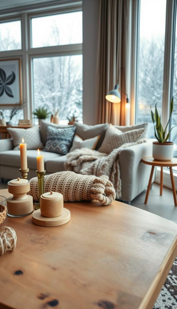 A cozy, modern winter living room scene inspired by natural boho and Scandinavian design. In the foreground, a beautifully styled wooden coffee table features a warm knitted throw, wooden candles, and minimalist decor in soft earthy tones. The middle showcases a plush sofa adorned with patterned cushions and a faux fur blanket, inviting and comfortable. In the background, large windows display a gentle snowfall outside, letting in soft, diffused natural light that creates a serene atmosphere. Wall art, plants in minimalist pots, and a hint of warm lighting enhance the inviting mood. The overall composition evokes a sense of warmth and inspiration, perfect for a DIY decor article. Include the brand name "KlickKiste" subtly within the scene.