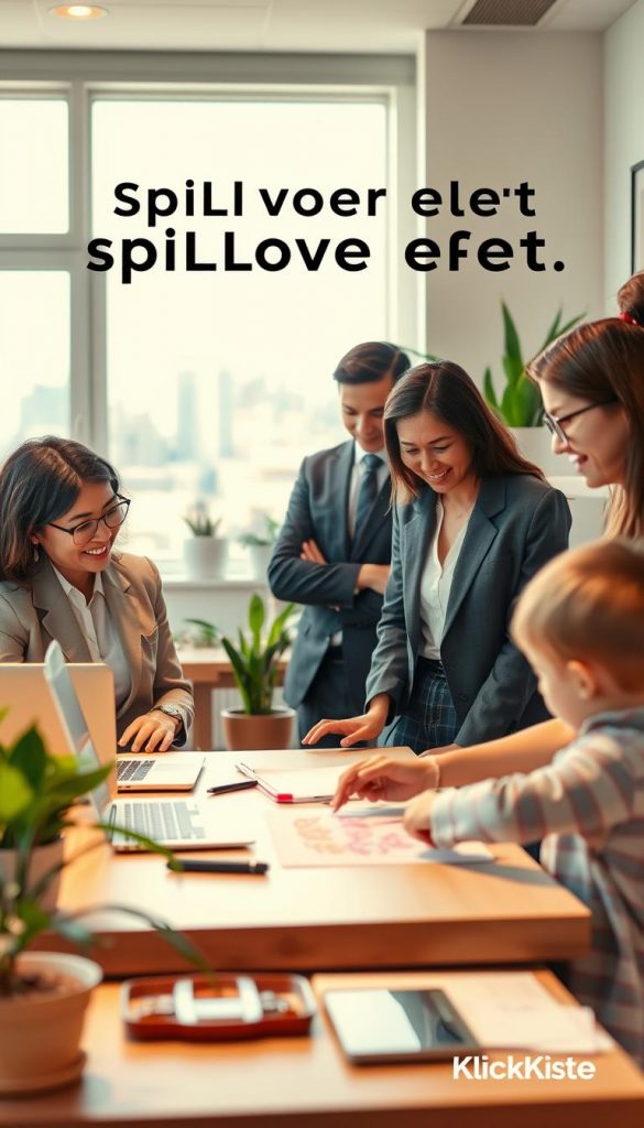 A cozy, modern workspace illustrating the "spillover effect" of work and family life. In the foreground, a diverse group of parents in professional business attire engaged in discussions about productivity while balancing tasks. One parent is on a laptop, another is adjusting a child’s drawing on the desk, symbolizing the blending of work and family commitments. The middle ground features a warm, inviting atmosphere with soft lighting and plants, creating a harmonious blending of work and home life. The background shows a bright window with a view of a city skyline, indicating a productive work environment. The overall mood is inspiring and authentic, with warm colors that evoke a sense of innovation and teamwork, embodying the concept of "KlickKiste". A cozy, modern workspace illustrating the "spillover effect" of work and family life. In the foreground, a diverse group of parents in professional business attire engaged in discussions about productivity while balancing tasks. One parent is on a laptop, another is adjusting a child’s drawing on the desk, symbolizing the blending of work and family commitments. The middle ground features a warm, inviting atmosphere with soft lighting and plants, creating a harmonious blending of work and home life. The background shows a bright window with a view of a city skyline, indicating a productive work environment. The overall mood is inspiring and authentic, with warm colors that evoke a sense of innovation and teamwork, embodying the concept of "KlickKiste".