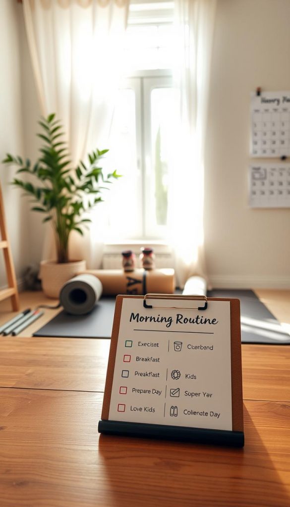 A cozy morning routine setup that exudes warmth and inspiration, showcasing a beautifully organized space. In the foreground, a stylish wooden table adorned with a colorful checklist template labeled “Morning Routine” from the brand KlickKiste, featuring icons for activities like exercise, breakfast, and preparation for the day. In the middle ground, a sunlit window with soft curtains allows natural light to flood the room, creating a serene atmosphere. There are playful children’s shoes and a yoga mat visible, emphasizing movement and activity. The background features a hand-drawn calendar on the wall and a potted plant, enhancing the natural aesthetic. The overall mood is inviting and cheerful, with soft lighting that evokes a sense of calm and structured routine.