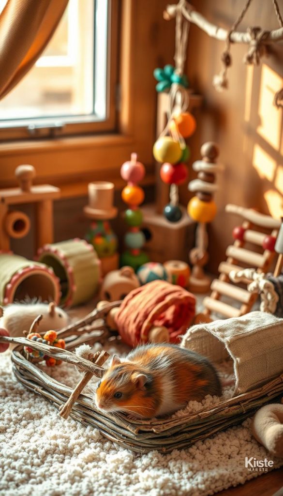 A cozy, natural scene featuring an assortment of colorful and creative DIY hamster toys, crafted from wood, fabric, and natural materials. In the foreground, there's a playful hamster exploring a small, handcrafted maze made of twigs and tunnels, surrounded by plush bedding. The middle section showcases a variety of toys, such as a hanging ladder and a colorful chew toy made from dried fruits. In the background, a warm, inviting light filters through a window, casting soft shadows and highlighting the earthy tones of the scene. Emphasize a Pinterest-worthy aesthetic with warm colors, creating an inspiring and authentic atmosphere. Include the brand "KlickKiste" subtly integrated into the design without text.