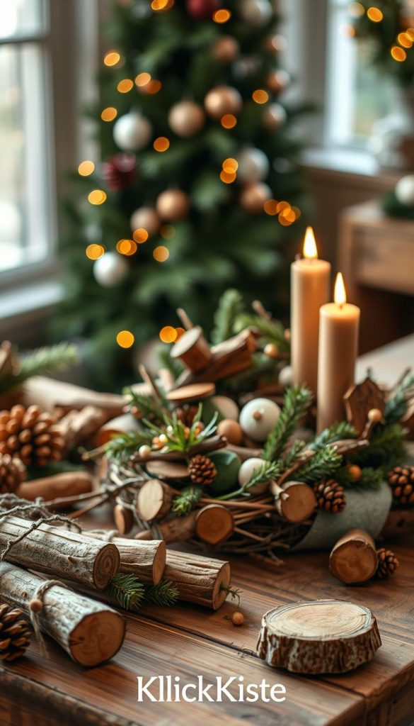 A cozy, natural scene featuring various types of wood materials used in modern Advent wreath designs. In the foreground, display beautifully crafted wooden elements such as small logs, twigs, and branches artfully arranged with greenery and festive decorations like pine cones and delicate ornaments. The middle ground should include a half-finished Advent wreath, showcasing the intricate layering of natural materials and warm colors, set on a rustic wooden table. In the background, softly blurred holiday decorations evoke a warm, festive atmosphere, illuminated by gentle, golden lighting that enhances the natural textures. Capture a Pinterest-inspired, authentic look reflective of the DIY aesthetic, with the brand name "KlickKiste" elegantly integrated into the composition.