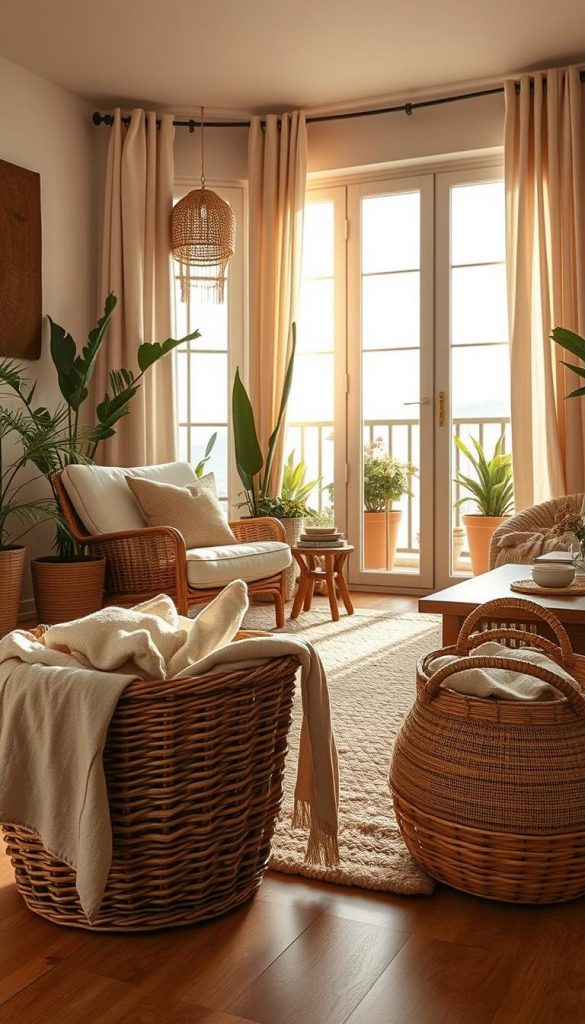 A cozy, naturally-inspired living space that reflects a blend of warmth and authenticity. In the foreground, a stylish wicker basket filled with soft, textured linens sits beside a comfortable armchair dressed in muted, earthy tones. The middle ground features a beautifully arranged room with a plush area rug, accentuated by organic materials such as natural fibers and linen drapes hanging elegantly from tall windows. The background captures a serene balcony view, adorned with potted plants and soft lighting that creates a welcoming atmosphere. The scene is bathed in warm, golden sunlight, enhancing the natural palette. The image embodies a Pinterest-worthy aesthetic, showcasing a harmonious balance of aesthetics perfect for "KlickKiste."
