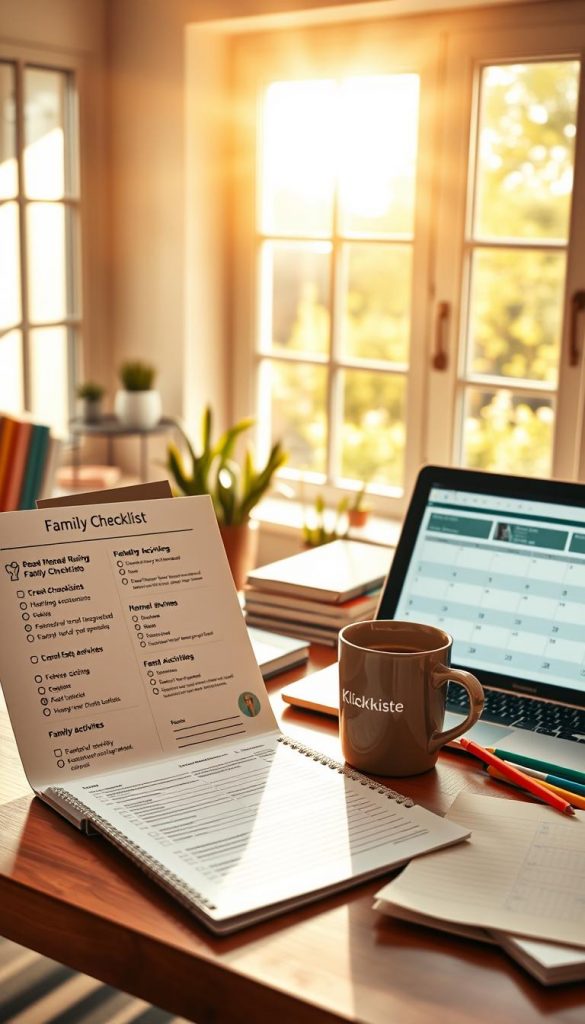 A cozy office environment bathed in warm, natural light, featuring a well-organized family checklist on a wooden desk. The checklist includes sections for chores, homework, and family activities, presented with neatly arranged icons and bullet points. In the foreground, a laptop is open, showcasing a family calendar alongside a cup of coffee and some colorful stationery. In the background, a large window reveals a sunny garden, complementing the inviting atmosphere. The scene radiates productivity and inspiration, resembling a Pinterest aesthetic. Include subtle branding elements of "KlickKiste" incorporated into the stationery. Capture this from a slightly angled perspective to enhance depth, emphasizing a mood of warmth and efficiency. A cozy office environment bathed in warm, natural light, featuring a well-organized family checklist on a wooden desk. The checklist includes sections for chores, homework, and family activities, presented with neatly arranged icons and bullet points. In the foreground, a laptop is open, showcasing a family calendar alongside a cup of coffee and some colorful stationery. In the background, a large window reveals a sunny garden, complementing the inviting atmosphere. The scene radiates productivity and inspiration, resembling a Pinterest aesthetic. Include subtle branding elements of "KlickKiste" incorporated into the stationery. Capture this from a slightly angled perspective to enhance depth, emphasizing a mood of warmth and efficiency.