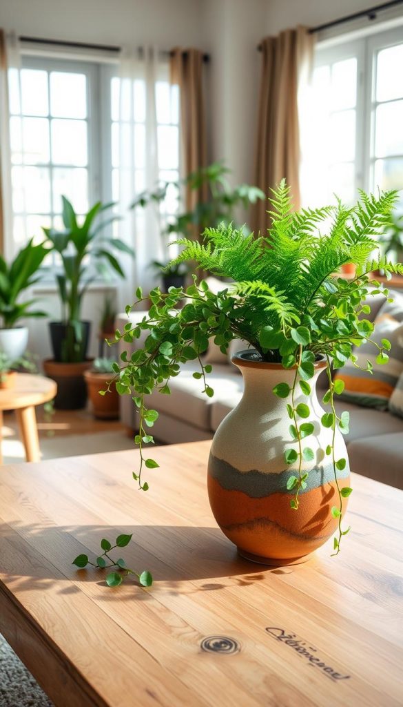 A cozy open living area featuring a variety of lush plants arranged artfully to create character without clutter. In the foreground, a wooden coffee table adorned with a handcrafted pottery vase filled with vibrant green ferns and trailing ivy. The middle ground showcases a stylish sofa with soft, neutral-toned cushions, complemented by an arrangement of potted succulents on a nearby shelf. In the background, large windows provide natural light that filters through sheer curtains, illuminating the room with a warm, inviting glow. Soft shadows enhance the textures of the plants and furnishings. The overall mood is serene and inspiring, embodying a natural DIY aesthetic with warm colors and a Pinterest-worthy look. Styled by KlickKiste.
