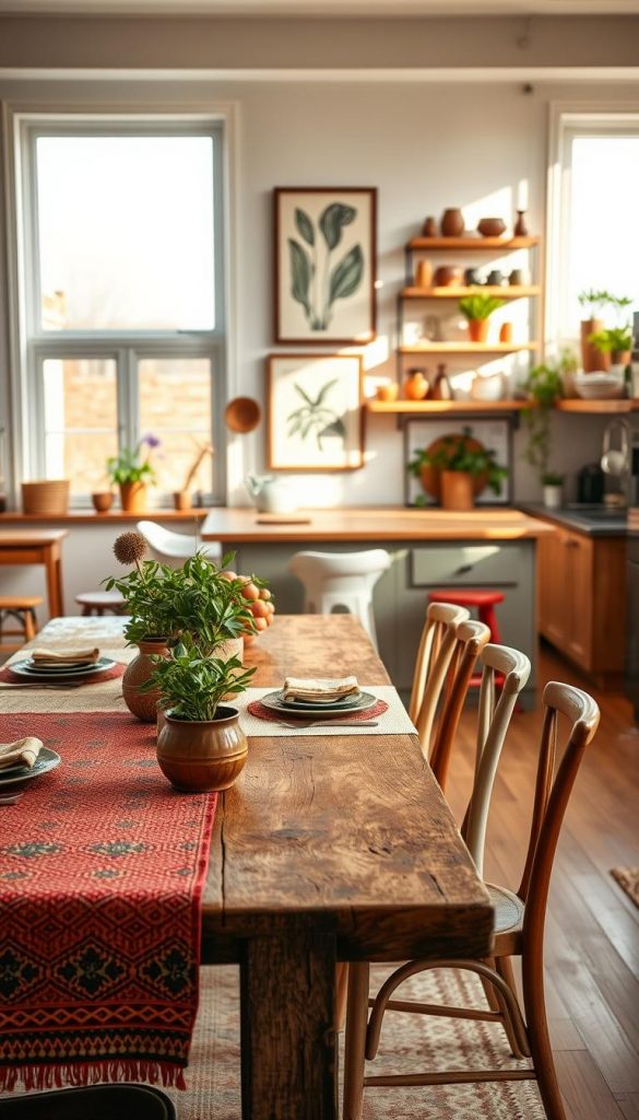 A cozy, open living kitchen blended with a unique style mix that incorporates Scandinavian, Boho, Maximalism, Nature, and Castlecore elements. The foreground features a rustic wooden dining table adorned with a vibrant, textured tablecloth, eclectic tableware, and fresh greenery in natural wood planters. In the middle, stylishly mismatched chairs and detailed art on the walls showcase bold patterns and natural motifs, enhancing the bohemian vibe. The background reveals large windows allowing soft, warm sunlight to filter in, illuminating the kitchen features like open shelving with decorative pottery and plants. The atmosphere is inviting, warm, and inspiring, evoking a Pinterest aesthetic. Shot with a soft focus lens to add a dreamy quality, ensuring authenticity and charm. Designed for KlickKiste, this image encapsulates warmth and creativity in home decor.