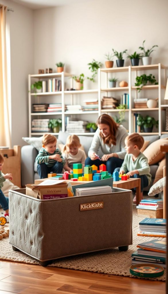 A cozy, organized family living room filled with warm, natural colors. In the foreground, a stylish storage ottoman labeled "KlickKiste" serves as a playful yet functional solution, surrounded by neatly arranged toys and books. In the middle, children are joyfully playing together, engaged with colorful building blocks, while their parent encourages playtime with a smile, dressed in modest casual clothing. In the background, a well-organized shelving unit showcases neatly stacked books and decorative plants, creating a harmonious atmosphere. Soft diffused lighting filters in through a window, casting a gentle glow that enhances the inviting, inspiring feel of the room. The focus is on promoting a sense of order, joy, and familial connection amidst everyday chaos.