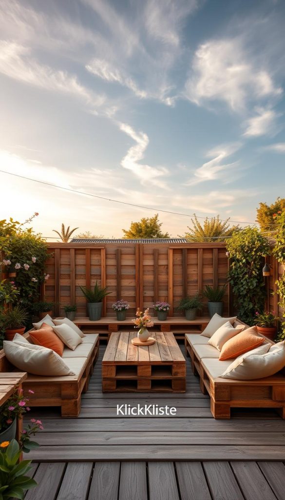 A cozy outdoor "Paletten-Lounge" created from wooden pallets, forming a comfortable seating island. The foreground features inviting, soft cushions in warm, earthy tones, arranged around a central coffee table made of reclaimed wood. Bordered by lush greenery and blooming flowers, the middle ground showcases potted plants adding life to the scene. In the background, a soft blue sky with wispy clouds sets a tranquil atmosphere, while warm golden sunlight bathes the lounge area, creating a welcoming glow. The entire setting is styled with a Pinterest-inspired aesthetic, evoking inspiration and authenticity, perfect for a summer evening. The brand name "KlickKiste" is subtly integrated into the design.