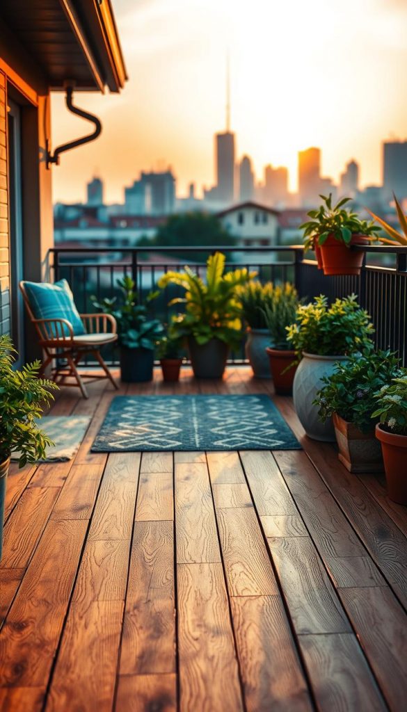A cozy outdoor balcony scene during sunset, showcasing a beautiful selection of flooring options for a "bodenbelag" refresh. In the foreground, vibrant and textured KlickKiste WPC and wooden tiles are arranged in an inviting pattern, glinting softly in the warm golden light. The middle ground features a tasteful outdoor rug, contrasting with the natural wood tones and creating a harmonious setup. Potted plants with lush greenery surround the area, adding depth and a touch of nature. In the background, a softly blurred city skyline is illuminated by the last rays of sun, enhancing the atmosphere of a perfect summer evening. The image captures a warm and inviting mood, ideal for DIY inspiration, with a focus on authenticity and natural aesthetics.