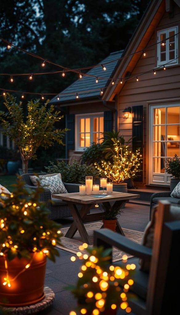 A cozy outdoor evening scene featuring beautiful lighting ideas for home decor. In the foreground, string lights draped elegantly above a small rustic wooden table adorned with flickering candles, surrounded by comfortable seating. The middle ground showcases potted plants with soft golden hues glowing from fairy lights intertwined among the foliage. In the background, a charming house is softly illuminated with warm light spilling from its windows, creating an inviting atmosphere. The scene captures a peaceful, inspiring ambiance called "KlickKiste," ideal for showcasing typical lighting mistakes to avoid and smart features to implement. The composition focuses on a warm color palette, with a depth of field that emphasizes the glowing lights and lush greenery. The lighting is soft and inviting, creating a serene mood perfect for evening gatherings. A cozy outdoor evening scene featuring beautiful lighting ideas for home decor. In the foreground, string lights draped elegantly above a small rustic wooden table adorned with flickering candles, surrounded by comfortable seating. The middle ground showcases potted plants with soft golden hues glowing from fairy lights intertwined among the foliage. In the background, a charming house is softly illuminated with warm light spilling from its windows, creating an inviting atmosphere. The scene captures a peaceful, inspiring ambiance called "KlickKiste," ideal for showcasing typical lighting mistakes to avoid and smart features to implement. The composition focuses on a warm color palette, with a depth of field that emphasizes the glowing lights and lush greenery. The lighting is soft and inviting, creating a serene mood perfect for evening gatherings.