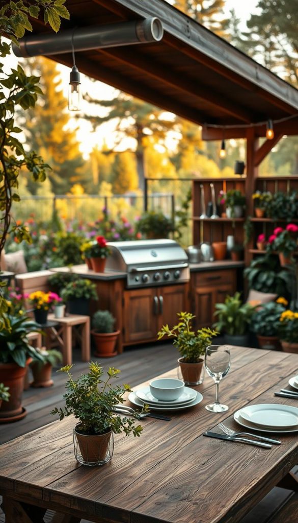 A cozy outdoor kitchen on a wooden terrace, surrounded by flourishing greenery and colorful potted plants. The foreground features a rustic wooden table set for a meal, adorned with fresh herbs in small pots, and elegant tableware, exuding a warm, inviting atmosphere. In the middle, a stylish grill area with wooden cabinetry and a well-organized workspace for cooking is revealed, complemented by hanging string lights that cast a soft glow. The background showcases a beautiful garden with a mix of vibrant flowers and tall trees, creating a serene ambiance. The image captures rich, warm tones that resonate with the DIY aesthetic, aiming for a Pinterest-worthy look. This layout emphasizes authenticity and inspiration, embodying the spirit of "KlickKiste". The lighting is golden hour, adding a magical touch to the scene, viewed from a slightly elevated angle.