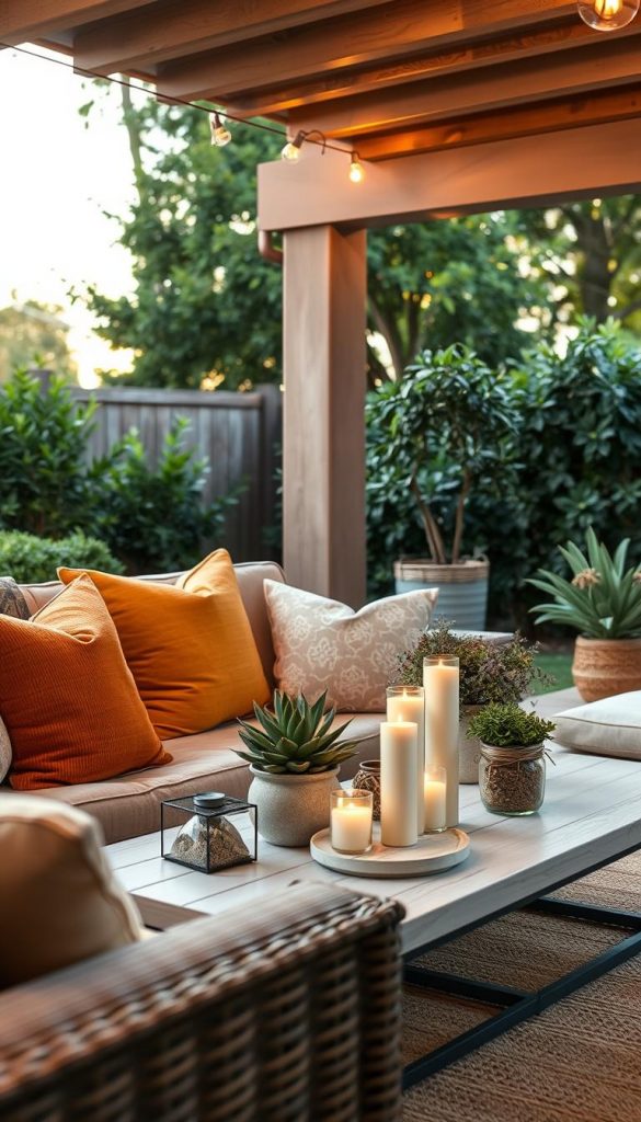 A cozy outdoor living room inspired by interior design aesthetics, showcasing inviting furniture such as a plush sofa with warm-colored cushions, a stylish coffee table adorned with natural decor like succulents and candles. The scene is set in a serene backyard with lush greenery in the background, providing a tranquil ambiance. Soft, golden hour lighting casts a warm glow over the space, enhancing the inviting feel. The angle captures the arrangement elegantly, highlighting the combination of indoor comfort with outdoor elements. Textures of the cushions and fabrics are rich and inviting, emphasizing a natural DIY theme. A subtle brand representation of "KlickKiste" is included through decor items in the scene, promoting a Pinterest-worthy atmosphere that is both authentic and inspiring. A cozy outdoor living room inspired by interior design aesthetics, showcasing inviting furniture such as a plush sofa with warm-colored cushions, a stylish coffee table adorned with natural decor like succulents and candles. The scene is set in a serene backyard with lush greenery in the background, providing a tranquil ambiance. Soft, golden hour lighting casts a warm glow over the space, enhancing the inviting feel. The angle captures the arrangement elegantly, highlighting the combination of indoor comfort with outdoor elements. Textures of the cushions and fabrics are rich and inviting, emphasizing a natural DIY theme. A subtle brand representation of "KlickKiste" is included through decor items in the scene, promoting a Pinterest-worthy atmosphere that is both authentic and inspiring.