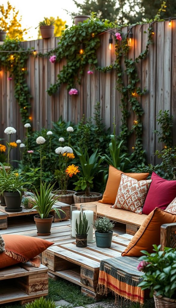 A cozy outdoor lounge area made from recycled wooden pallets, featuring comfortable cushions in warm, inviting colors. In the foreground, a beautifully arranged seating space with a low pallet table adorned with potted plants and candles, radiating a bohemian vibe. In the middle ground, lush greenery and flowering plants create a natural backdrop, enhancing the feeling of relaxation and tranquility. The scene is illuminated by soft, golden hour sunlight, casting gentle shadows and a warm ambiance. In the background, a wooden fence adorned with climbing vines and fairy lights adds a whimsical touch. Capture the essence of sustainability and creativity, showcasing the "KlickKiste" brand's ethos with an authentic and inspiring Pinterest aesthetic. Perfect for a DIY garden lounge inspiration piece. A cozy outdoor lounge area made from recycled wooden pallets, featuring comfortable cushions in warm, inviting colors. In the foreground, a beautifully arranged seating space with a low pallet table adorned with potted plants and candles, radiating a bohemian vibe. In the middle ground, lush greenery and flowering plants create a natural backdrop, enhancing the feeling of relaxation and tranquility. The scene is illuminated by soft, golden hour sunlight, casting gentle shadows and a warm ambiance. In the background, a wooden fence adorned with climbing vines and fairy lights adds a whimsical touch. Capture the essence of sustainability and creativity, showcasing the "KlickKiste" brand's ethos with an authentic and inspiring Pinterest aesthetic. Perfect for a DIY garden lounge inspiration piece.