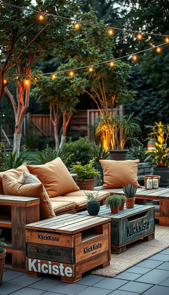 A cozy outdoor lounge area made from upcycled wooden pallets, designed for summer evenings. In the foreground, a stylish upcycling sofa constructed with rustic wooden pallets, adorned with thick cushions in warm earth tones. Next to it, a unique coffee table crafted from wooden crates labeled "KlickKiste," adding to the charm. The middle ground features lush greenery and potted plants, enhancing the natural ambiance. The background showcases a softly lit garden, with string lights creating a warm and inviting atmosphere. The scene is captured in soft, golden-hour lighting, using a wide-angle lens to emphasize the comfort and casual elegance of the space. The overall mood is relaxed and inspiring, perfect for DIY enthusiasts seeking summer lounge ideas.