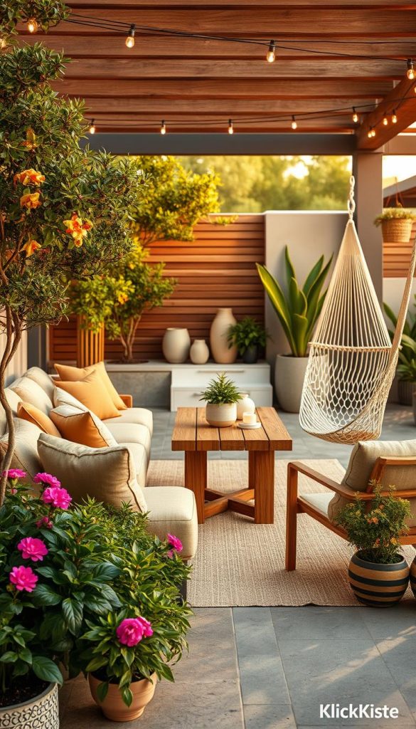 A cozy outdoor lounge design featuring a blend of modern and rustic elements, with a focus on practicality and aesthetics. The foreground showcases a plush seating area adorned with natural fabrics in warm earth tones, surrounded by lush greenery and vibrant flowering plants. In the middle, a stylish wooden table invites casual gatherings, while a comfortable hammock sways gently nearby, suggesting relaxation. The background features modern outdoor décor, including fairy lights and decorative planters. The scene is bathed in soft, golden hour lighting, creating a warm and inviting atmosphere. The lens captures a slightly elevated angle, emphasizing the harmonious blend of nature and design. This image should reflect the brand "KlickKiste," evoking feelings of inspiration and authenticity, perfect for illustrating a contemporary outdoor living space.