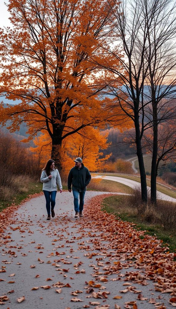 A cozy outdoor scene depicting a couple enjoying a leisurely walk in a serene natural setting. The foreground features them strolling on a soft, winding path covered with fallen leaves in warm, autumn hues, dressed in comfortable, modest casual clothing. In the middle ground, add lush trees with vibrant orange and yellow foliage, gently illuminated by the soft glow of late afternoon sunlight. The background showcases a gentle slope leading to distant hills, silhouetted against a picturesque sunset sky filled with soft pastels. The atmosphere should evoke a sense of warmth, tranquility, and the simple joy of an outdoor adventure. The overall image should reflect an authentic and inspiring vibe, suitable for showcasing the concept of "spaziergang" by KlickKiste. A cozy outdoor scene depicting a couple enjoying a leisurely walk in a serene natural setting. The foreground features them strolling on a soft, winding path covered with fallen leaves in warm, autumn hues, dressed in comfortable, modest casual clothing. In the middle ground, add lush trees with vibrant orange and yellow foliage, gently illuminated by the soft glow of late afternoon sunlight. The background showcases a gentle slope leading to distant hills, silhouetted against a picturesque sunset sky filled with soft pastels. The atmosphere should evoke a sense of warmth, tranquility, and the simple joy of an outdoor adventure. The overall image should reflect an authentic and inspiring vibe, suitable for showcasing the concept of "spaziergang" by KlickKiste.