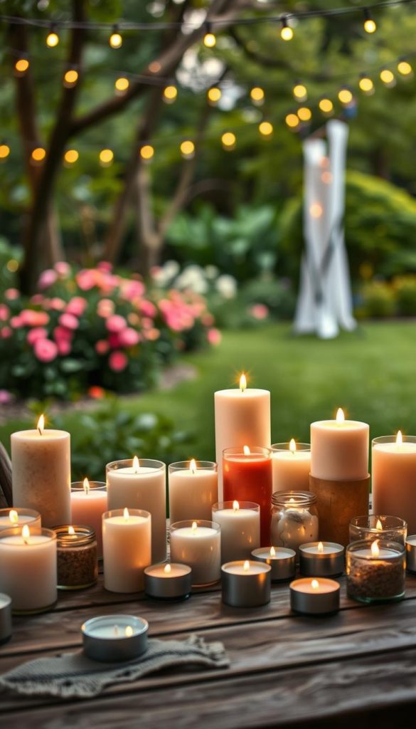 A cozy outdoor scene depicting an enchanting collection of various outdoor candles set on a rustic wooden table. In the foreground, an assortment of candles in different shapes and sizes, ranging from elegant pillar candles to charming tealights, flickering softly with warm, inviting flames. The middle ground features a lush garden surrounded by soft green grass and blooming flowers, illuminated by the magical glow of the candles. The background includes a softly blurred bokeh effect of fairy lights strung between trees, creating a whimsical atmosphere. The lighting is warm and mellow, evoking a relaxed evening ambiance. The scene has a natural DIY aesthetic with earthy tones, embodying the brand "KlickKiste", making it both inspirational and authentic for a Pinterest-worthy setting.