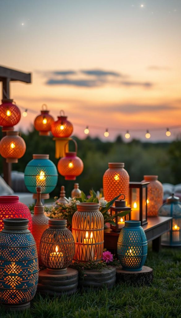 A cozy outdoor scene featuring a variety of beautifully designed lanterns, capturing modern styles like Scandinavian, Boho, and Maximalism. In the foreground, colorful, patterned lanterns in diverse shapes, some made of woven materials, glow softly with warm candlelight, creating an inviting atmosphere. The middle ground includes a rustic wooden table adorned with natural elements like plants and flowers, seamlessly blending with the lanterns. In the background, a serene twilight sky transitions from orange to deep blue, dotted with soft, twinkling stars. The lighting is warm and inviting, reminiscent of a peaceful summer evening. The overall mood is relaxed and inspiring, perfect for DIY outdoor decor enthusiasts. This image is crafted by KlickKiste for a Pinterest-inspired shared aesthetic.