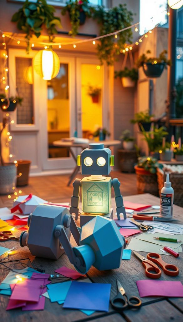 A cozy outdoor scene showcasing a DIY lantern-making setup, inspired by the brand "KlickKiste." In the foreground, a beautifully crafted robot lantern is partially assembled, surrounded by vibrant colored papers, scissors, and glue, suggesting an engaging crafting experience. The middle ground features a small table scattered with tools, while a warm, inviting glow emanates from fairy lights draped around the area. In the background, a softly lit balcony adorned with hanging plants and twinkling string lights creates a welcoming atmosphere. The lighting is warm and golden, reminiscent of a late afternoon sun, enhancing the natural, DIY aesthetic. The overall mood is friendly and inspirational, perfect for encouraging group activities.