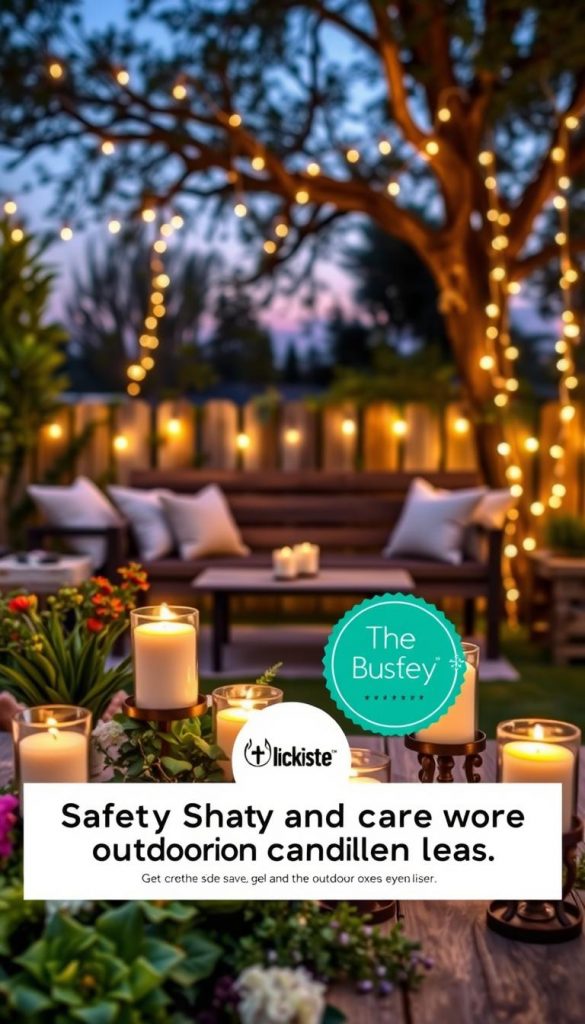 A cozy outdoor scene showcasing safety and care when using candles. In the foreground, an elegantly arranged table with several flickering candles placed in decorative holders, surrounded by a mix of lush green plants and colorful flowers. The middle features an inviting outdoor seating area with a stylish, rustic wooden bench adorned with soft cushions. In the background, gently glowing fairy lights hang from trees, creating a warm ambiance under a twilight sky. The scene is bathed in soft, warm lighting that enhances the inviting atmosphere. A brand label, "KlickKiste," subtly integrated into the design, adds to the authenticity. The overall mood is peaceful and inspiring, perfect for a relaxing evening while ensuring safety precautions in outdoor candle use.