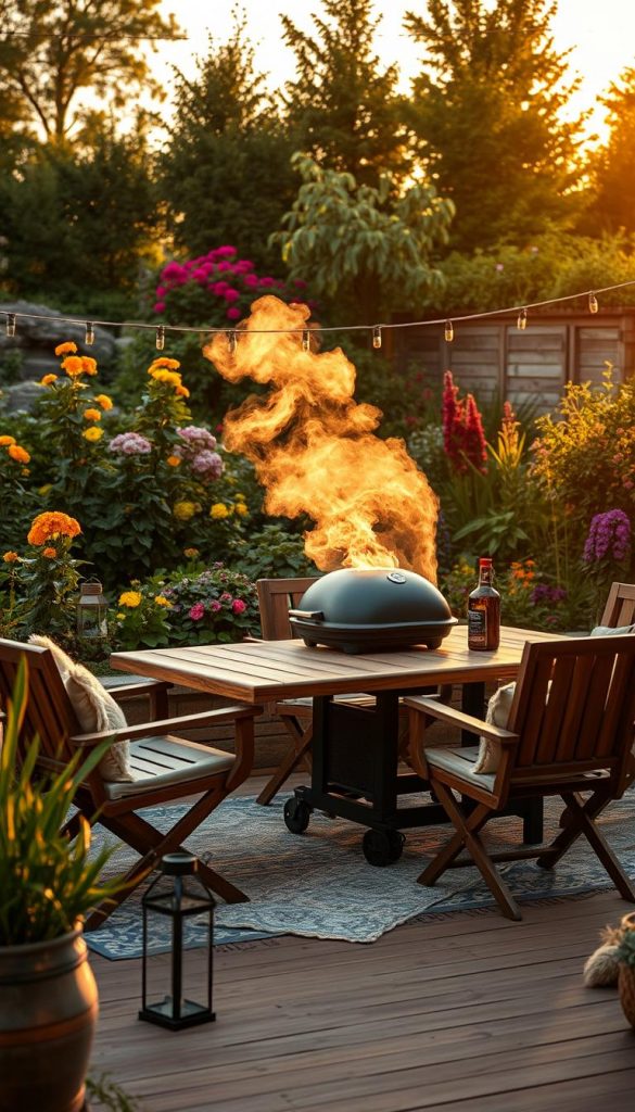 A cozy outdoor seating area dedicated to grilling, featuring a stylish wooden table surrounded by comfortable chairs, all set against a backdrop of a lush garden filled with vibrant flowers and greenery. Include a sleek charcoal grill positioned nearby, with smoke gently wafting into the air. The scene is illuminated by warm, golden sunset light that casts soft shadows, enhancing the inviting atmosphere. The setting should include rustic decorations, like lanterns and cushions, to emphasize a natural DIY aesthetic. Capture this from a slightly elevated angle to showcase the layout, evoking a sense of warmth and inspiration, embodying the perfect outdoor dining experience. Brand this image subtly as "KlickKiste".