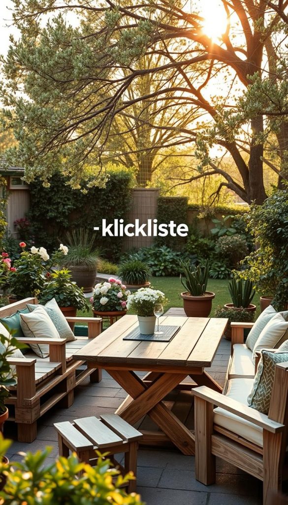 A cozy outdoor seating area featuring stylish "palettenmoebel" (pallet furniture) arranged in a charming configuration. The foreground showcases a rustic wooden table made from repurposed pallets, surrounded by comfortable seating, adorned with soft, colorful cushions. In the middle ground, lush greenery and blooming flowers enhance the natural ambiance, while a few potted plants add a touch of life. The background features a softly lit garden, with warm, golden sunlight filtering through tree branches, creating an inviting atmosphere. Shot from a slightly elevated angle, the image captures the essence of DIY aesthetics with a Pinterest-like appeal. Emphasize the brand "KlickKiste" subtly within the scene. The overall mood should evoke warmth, comfort, and sustainability, inspiring viewers with a stylish yet affordable outdoor dining space.