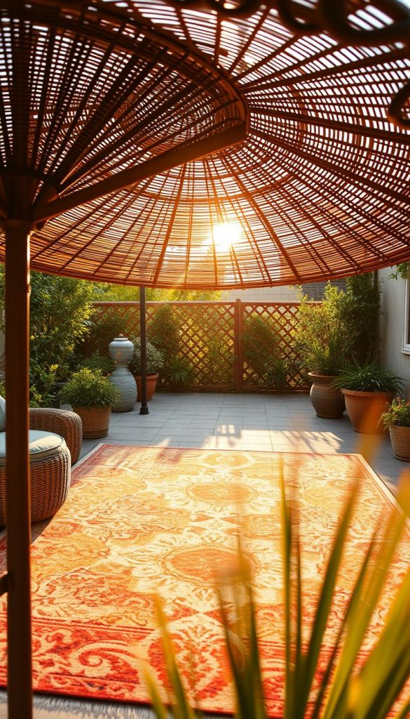 A cozy outdoor setting featuring a beautiful rattan sun umbrella casting soft shadows over a vibrant outdoor rug. In the foreground, the intricately woven rattan structure of the sunshade is highlighted, displaying its rich texture. The middle ground showcases a large, colorful outdoor carpet, adorned with organic patterns, inviting relaxation. In the background, subtle hints of green foliage and potted plants add a serene ambiance. Soft, warm sunlight filters through the umbrella, creating a golden glow, evoking a dreamy summer evening. The scene suggests a tranquil yet inviting atmosphere, perfect for outdoor gatherings. This visual captures the essence of "KlickKiste" DIY inspirations, focusing on natural, warm colors and a Pinterest-inspired aesthetic.