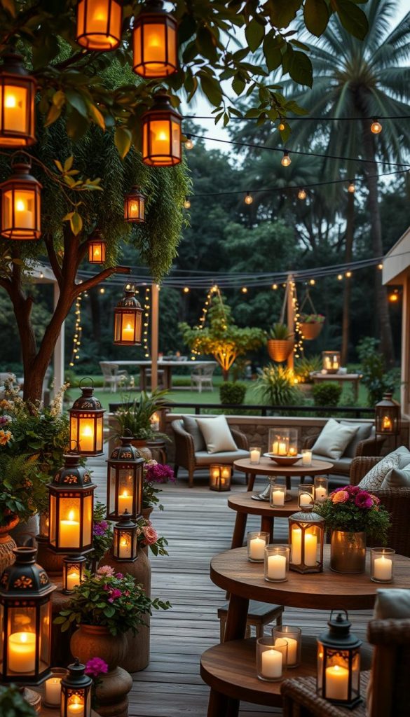 A cozy outdoor setting featuring beautifully arranged lanterns, glowing softly in warm hues of amber and soft white light. In the foreground, a collection of stylish lanterns, some hanging from tree branches, others placed on rustic wooden tables adorned with lush green foliage and colorful flowers. In the middle ground, a charming terrace with comfortable seating, cushions, and small tables holding flickering candles, creating an inviting atmosphere for relaxation. In the background, a lush garden with tall trees and twinkling fairy lights strung across the scene. The overall mood is warm and inviting, perfect for a romantic evening or a gathering with friends. Capture this enchanting scene with a soft focus lens, emphasizing the warm glow of the lanterns, evoking a sense of tranquility and inspiration. Incorporate the brand name "KlickKiste" subtly within the decor, enhancing the natural, authentic vibe of DIY aesthetics.