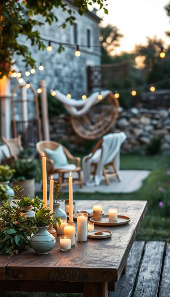 A cozy outdoor setting reflecting a stylish mix of Skandi, Boho, and Castlecore aesthetics. In the foreground, a rustic wooden table adorned with artisanal pottery, candles, and lush greenery, all in warm, inviting tones. The middle captures a softly lit area with hanging string lights and bohemian textiles draped over chairs, surrounded by natural materials like wicker and bamboo. The background features a gentle garden landscape with an old stone wall and wildflowers, under a twilight sky. The overall lighting is warm and ambient, evoking a serene and inspirational mood, perfect for summer evenings. The scene embodies a Pinterest-inspired DIY charm, showcasing the essence of "KlickKiste."