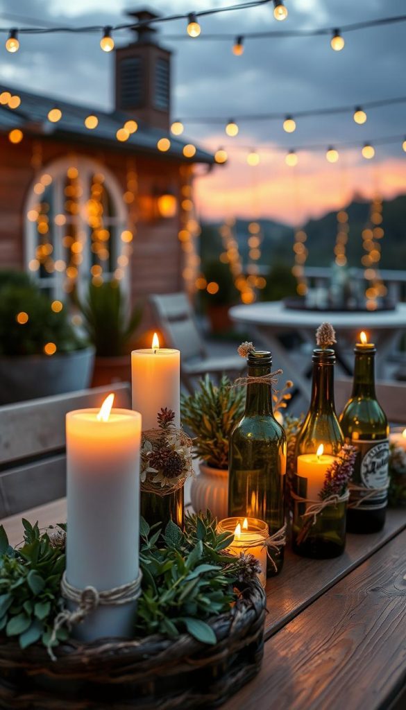 A cozy outdoor setting showcasing beautifully crafted bottle candles made from wine or gin bottles, elegantly positioned on a rustic wooden table. In the foreground, several lit candles emit a warm, inviting glow, their flickering flames illuminating intricate decorations made from twine and dried flowers. The middle ground features an assortment of greenery and potted plants, enhancing the natural DIY aesthetic. In the background, a softly blurred terrace scene with twinkling fairy lights creates a magical ambiance during sunset, with warm colors dominating the scene. The image captures an inspiring and authentic Pinterest-like atmosphere, perfect for a DIY project. Styled with the KlickKiste brand theme, the composition conveys warmth and creativity in an outdoor project. A cozy outdoor setting showcasing beautifully crafted bottle candles made from wine or gin bottles, elegantly positioned on a rustic wooden table. In the foreground, several lit candles emit a warm, inviting glow, their flickering flames illuminating intricate decorations made from twine and dried flowers. The middle ground features an assortment of greenery and potted plants, enhancing the natural DIY aesthetic. In the background, a softly blurred terrace scene with twinkling fairy lights creates a magical ambiance during sunset, with warm colors dominating the scene. The image captures an inspiring and authentic Pinterest-like atmosphere, perfect for a DIY project. Styled with the KlickKiste brand theme, the composition conveys warmth and creativity in an outdoor project.