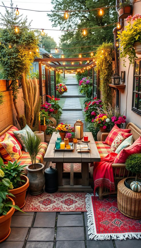 A cozy outdoor sitting area, featuring a vibrant "sitzecke" with layered textures and colors that reflect a maximalist style. In the foreground, a plush, colorful seating arrangement with mixed-pattern cushions, surrounded by lush potted plants and decorative throws. In the middle ground, a rustic wooden table adorned with an eclectic mix of tableware, vibrant floral arrangements, and colorful candles. The background showcases a softly lit garden path, creating an inviting ambiance with twinkling fairy lights overhead. The scene is captured in golden hour lighting, using a wide-angle lens to emphasize depth and richness. The overall atmosphere is warm, authentic, and inspiring, embodying a Pinterest-worthy aesthetic, branded as "KlickKiste."