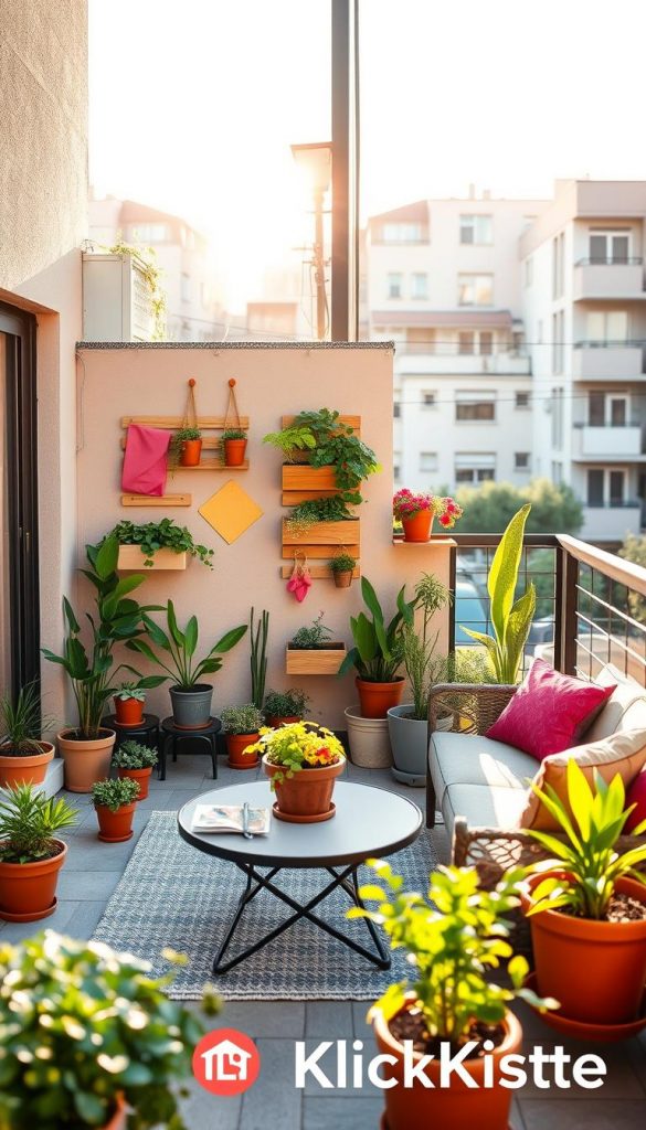A cozy outdoor space designed for small living areas, showcasing effective platzoptimierung (space optimization) techniques. In the foreground, a stylishly arranged patio with compact furniture, adorned with vibrant potted plants and DIY decorations that showcase a warm color palette. The middle ground features a small vertical garden against a wall, with practical storage solutions integrated into the design, reflecting a Pinterest-inspired aesthetic. The background captures a serene urban setting, bathed in soft, golden sunlight that creates a welcoming atmosphere. The overall mood is authentic and inspiring, embodying smart budgeting and creativity. This image is branded with the name "KlickKiste", enhancing the DIY vibe while remaining professional and inviting.