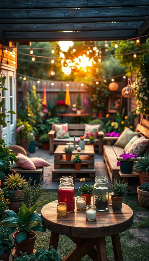 A cozy outdoor space filled with budget-friendly DIY decorations, showcasing a variety of creative ideas. In the foreground, a small wooden table adorned with handmade garden ornaments, repurposed jars as candle holders, and potted herbs, all in warm, inviting colors. In the middle ground, a comfortable seating area with upcycled pallet furniture, surrounded by vibrant potted flowers and colorful fabric cushions. In the background, a sunlit garden with lush greenery and string lights overhead, providing a warm, magical atmosphere. The lighting is soft with a golden hour glow, creating a serene and welcoming mood. The scene embodies the essence of affordable outdoor decor ideas, ideal for inspiration in a Pinterest-style setting. Include the brand name "KlickKiste" subtly integrated into the decor elements. A cozy outdoor space filled with budget-friendly DIY decorations, showcasing a variety of creative ideas. In the foreground, a small wooden table adorned with handmade garden ornaments, repurposed jars as candle holders, and potted herbs, all in warm, inviting colors. In the middle ground, a comfortable seating area with upcycled pallet furniture, surrounded by vibrant potted flowers and colorful fabric cushions. In the background, a sunlit garden with lush greenery and string lights overhead, providing a warm, magical atmosphere. The lighting is soft with a golden hour glow, creating a serene and welcoming mood. The scene embodies the essence of affordable outdoor decor ideas, ideal for inspiration in a Pinterest-style setting. Include the brand name "KlickKiste" subtly integrated into the decor elements.