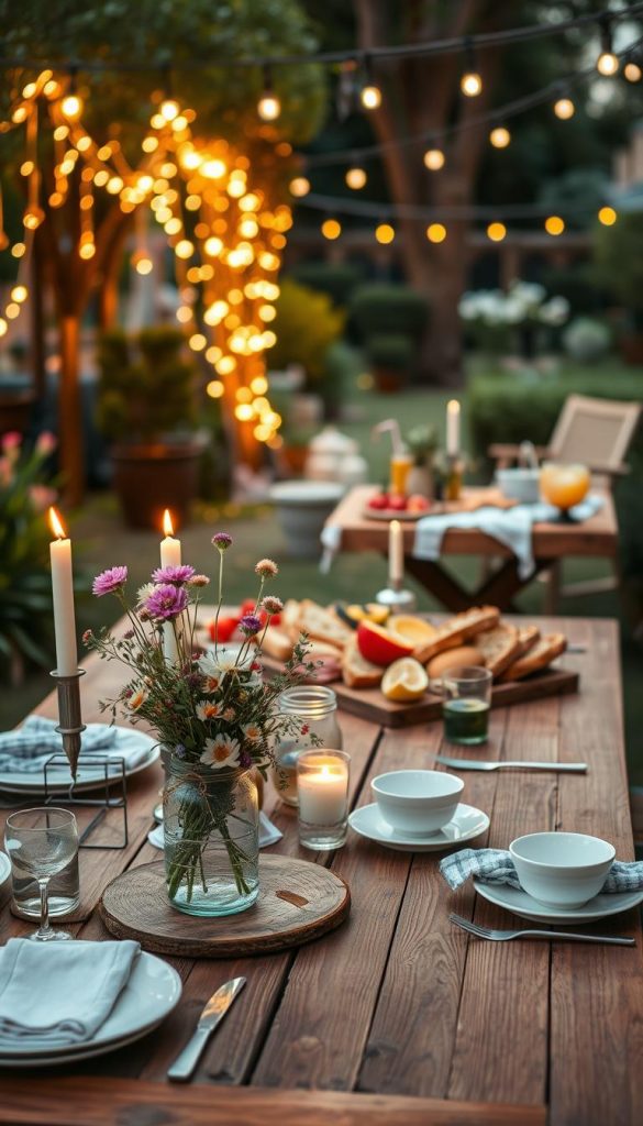 A cozy outdoor summer scene featuring a beautifully decorated wooden table set for an evening gathering, embodying a warm and inviting atmosphere. In the foreground, the table is adorned with a charming DIY centerpiece of wildflowers in a mason jar, complemented by elegant dinnerware and flickering candles casting a soft glow. The middle layer includes a picnic spread with inviting platters of fresh seasonal fruits, artisanal breads, and refreshing drinks, all styled in a natural, Pinterest-worthy aesthetic. The background reveals a lush garden with hanging fairy lights illuminating the surroundings, creating a serene ambiance. The overall color palette is warm and earthy, highlighting the essence of relaxed summer evenings with friends. The scene should evoke feelings of joy, connection, and creativity, with the brand name "KlickKiste" subtly incorporated into the table decor.
