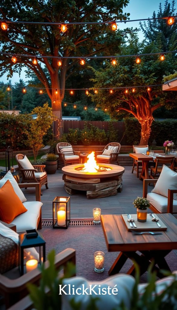 A cozy outdoor terrace scene at dusk, featuring a beautifully designed fire pit as the focal point. The fire pit emits a warm, inviting glow, flickering flames illuminating the surrounding area. In the foreground, comfortable seating with soft cushions invites relaxation, while decorative lanterns add ambient lighting. In the middle ground, rustic wooden tables adorned with simple, elegant table settings create a welcoming atmosphere. The background showcases lush greenery, with fairy lights strung between trees to enhance the enchanting mood. The overall color palette includes warm tones of orange, amber, and soft browns, evoking a summer evening feel. The scene embodies a natural DIY aesthetic, inspiring viewers with a Pinterest-like quality. Brand name "KlickKiste" subtly integrated into the design.