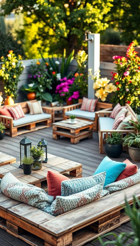 A cozy outdoor terrace scene featuring rustic DIY garden furniture made from wooden pallets. In the foreground, a pallet bench adorned with colorful cushions provides a comfortable seating area. To one side, a matching pallet table is set with potted plants and decorative lanterns, creating an inviting atmosphere. In the middle ground, a stylish seating corner with additional cushioned pallet seating, all surrounded by lush greenery and blooming flowers for a vibrant touch. The background features a soft-focus garden, enhancing the tranquility of the setting. The lighting is warm and natural, reminiscent of a late afternoon sun, casting gentle shadows. The overall mood is serene and inviting, perfect for relaxation and outdoor gatherings. This scene embodies the essence of "KlickKiste" with its authentic and inspiring aesthetic.