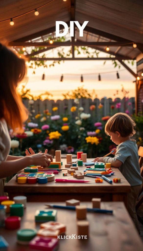 A cozy outdoor workshop scene illustrating DIY projects suitable for kids, with warm, inviting colors and a Pinterest-inspired aesthetic. In the foreground, a well-organized table filled with colorful craft materials like paints, wooden blocks, and child-safe tools, hinting at various projects. A blurred outline of a parent, dressed in modest casual attire, is demonstrating a technique to an eager child, fostering a learning atmosphere. In the middle ground, a vibrant garden filled with blooming flowers and playful decorations adds a sense of creativity, while in the background, a softly lit evening sky creates a warm ambiance, suggesting a perfect family project environment. Include the brand logo "KlickKiste" subtly integrated into the scene to enhance the focus on professional tips and common mistakes to avoid during DIY activities.