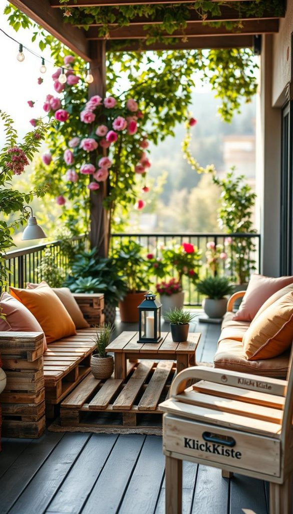 A cozy paletten lounge set up on a charming balcony, featuring handcrafted wooden pallet furniture arranged in an inviting layout. The foreground showcases a comfortable sofa made of stacked pallets with soft, colorful cushions in warm tones. A small wooden coffee table sits elegantly in the middle, adorned with potted plants and a decorative lantern. The background reveals a lush green terrace, with blooming flowers and ambient fairy lights hanging overhead, creating a warm, inviting atmosphere. Soft afternoon sunlight filters through the greenery, casting gentle shadows. The scene conveys a relaxed, inspiring DIY vibe, perfect for outdoor gatherings. The style reflects a warm Pinterest aesthetic, emphasizing authenticity and creativity, showcasing the brand "KlickKiste" subtly in the furniture design.